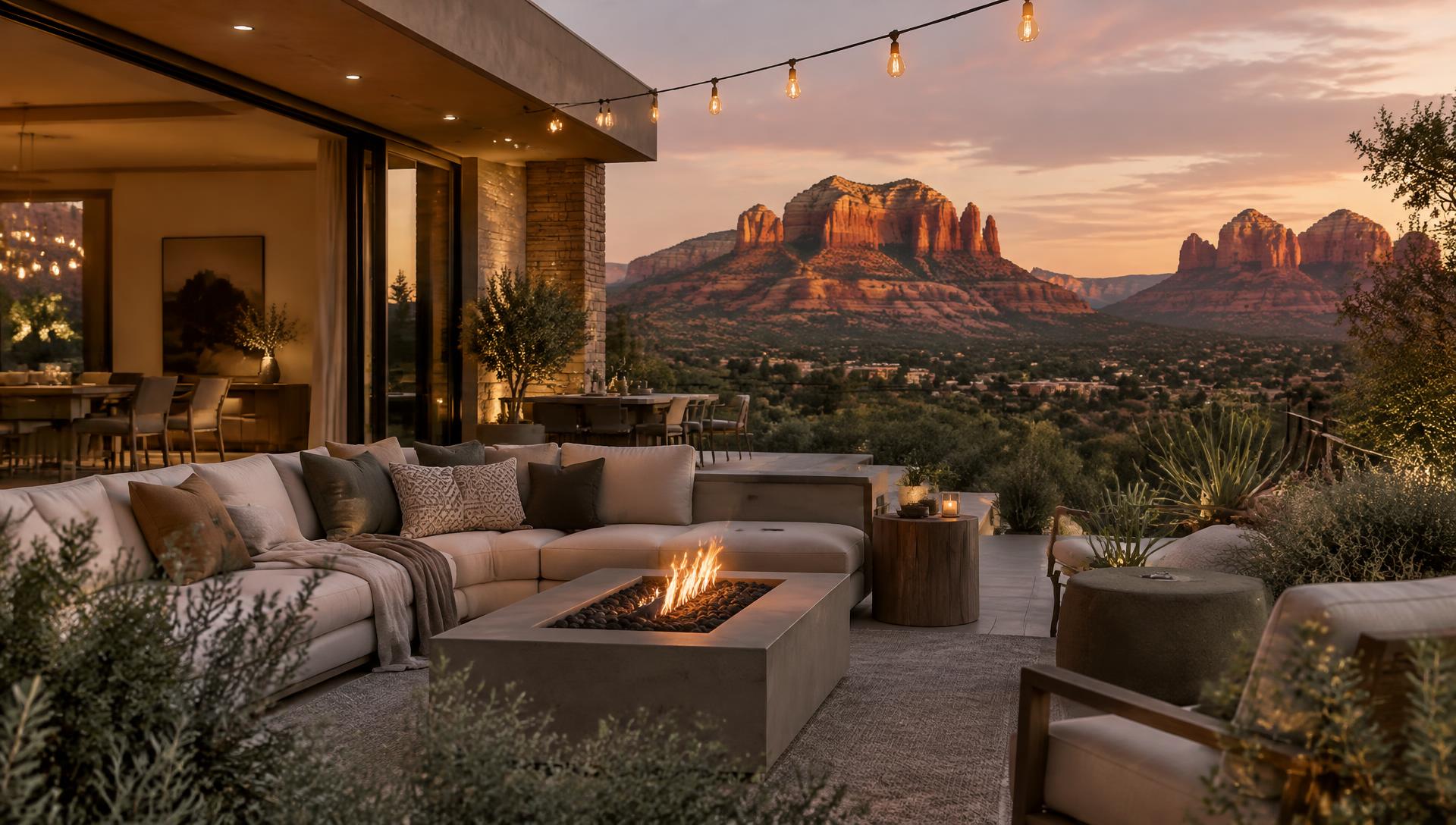 Luxury Sedona patio with fire pit glowing beneath the red rocks at dusk