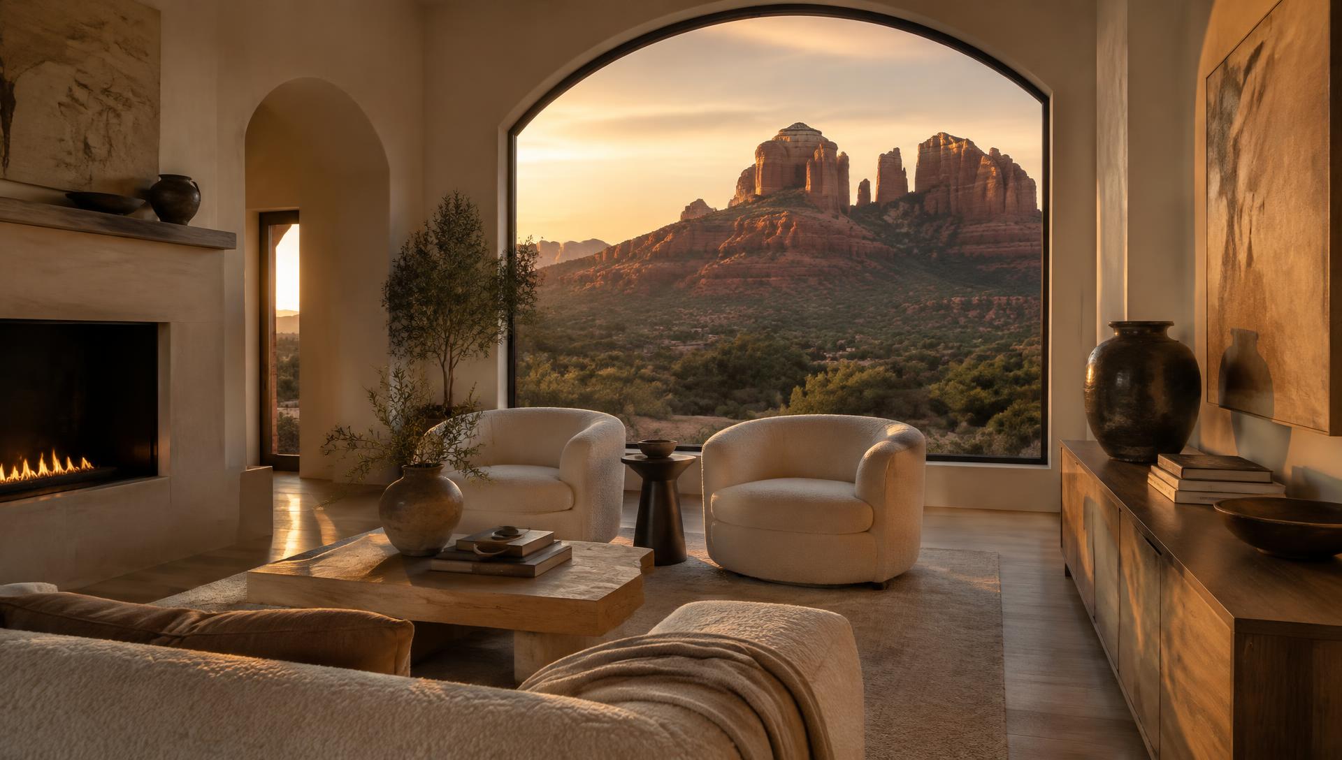 Arched window in a Sedona great room framing red rock formations