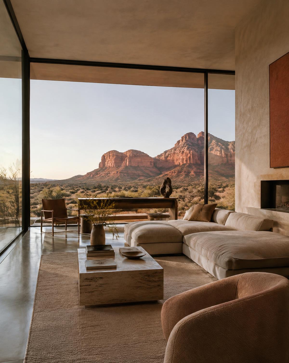 Desert modern Sedona living room with floor-to-ceiling glass and red rock mesa view