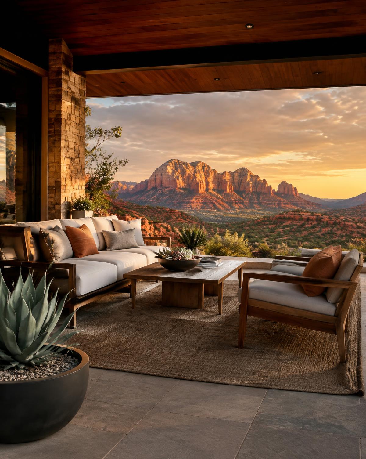 Sedona vacation home terrace styled for guests at sunset