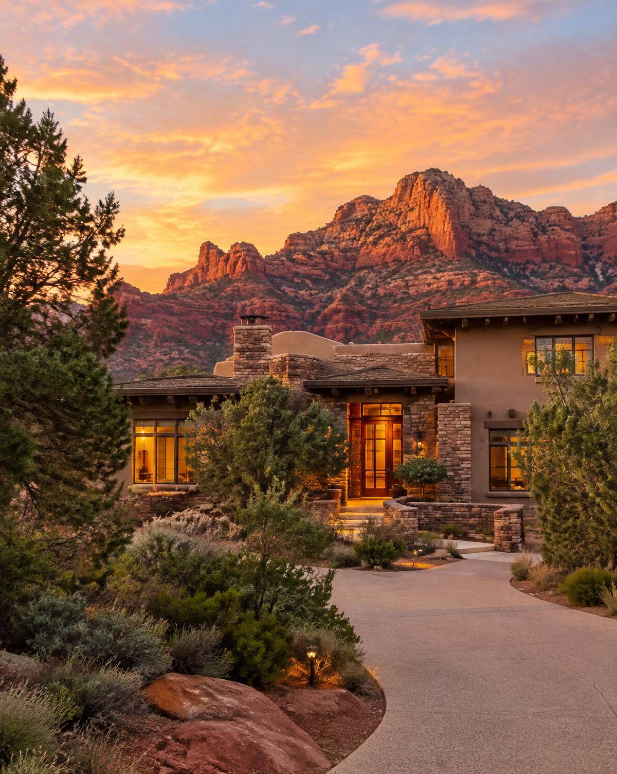 Luxury Sedona home exterior at sunset with red rock formations behind